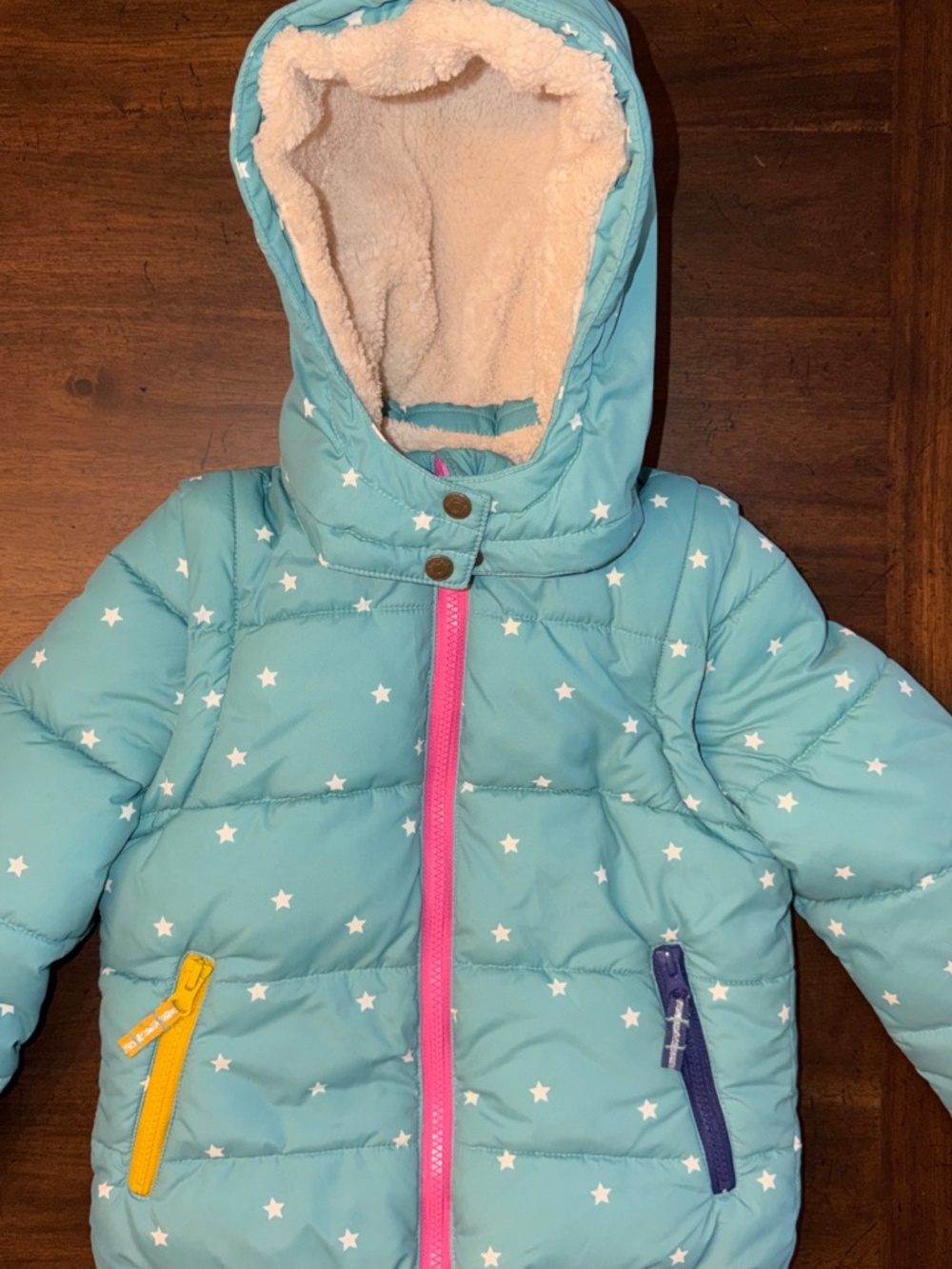 Mini Boden 3-4 Yrs Sherpa Lined 2-1 Vest & Jacket Lt Green Stars Colorful Trim